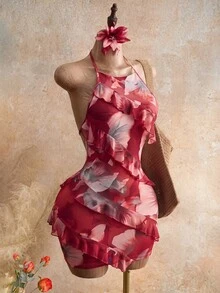 Mistrie 2026 女款深紅色花卉夏季甜美度假夜生活派對夜店領口印花細肩帶洋裝，荷葉邊設計，Y2K 性感 - 深紅色 - 查看 6