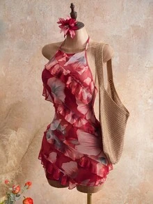 Mistrie 2026 女款深紅色花卉夏季甜美度假夜生活派對夜店領口印花細肩帶洋裝，荷葉邊設計，Y2K 性感 - 深紅色 - 查看 7