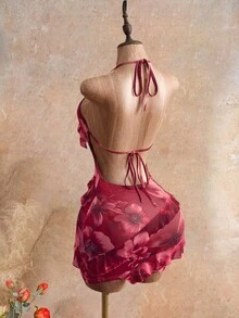 Mistrie 2026 女款深紅色花卉夏季甜美度假夜生活派對夜店領口印花細肩帶洋裝，荷葉邊設計，Y2K 性感 - 深紅色 - 查看 4