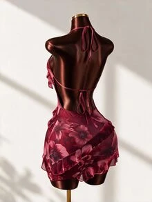 Mistrie 2026 女款深紅色花卉夏季甜美度假夜生活派對夜店領口印花細肩帶洋裝，荷葉邊設計，Y2K 性感 - 深紅色 - 查看 2