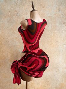 Mistrie Sexy Contrast Color Wavy One-Shoulder Cutout Bodysuit Bikini With Printed Mesh Skirt 2-Piece Set, Slimming Beach Vacation Swimwear Party Summer Red - Burgundy - View 3