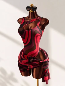 Mistrie Sexy Contrast Color Wavy One-Shoulder Cutout Bodysuit Bikini With Printed Mesh Skirt 2-Piece Set, Slimming Beach Vacation Swimwear Party Summer Red - Burgundy - View 2