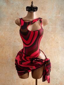 Mistrie Sexy Contrast Color Wavy One-Shoulder Cutout Bodysuit Bikini With Printed Mesh Skirt 2-Piece Set, Slimming Beach Vacation Swimwear Party Summer Red - Burgundy - View 7