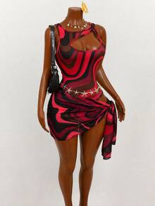 Mistrie Sexy Contrast Color Wavy One-Shoulder Cutout Bodysuit Bikini With Printed Mesh Skirt 2-Piece Set, Slimming Beach Vacation Swimwear Party Summer Red - Burgundy - View 5