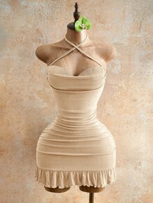 Mistrie 女士性感抽绳迷你紧身连衣裙，夏季时尚绿色吊带迷你连衣裙，后背系带，适合派对之夜，女士夜店装扮，性感女士 - 杏色 - 查看 5