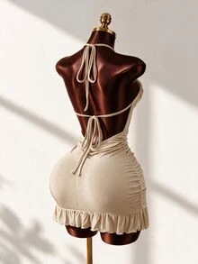 Mistrie 女士性感抽绳迷你紧身连衣裙，夏季时尚绿色吊带迷你连衣裙，后背系带，适合派对之夜，女士夜店装扮，性感女士 - 杏色 - 查看 2