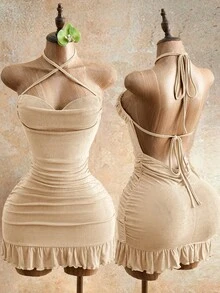 Mistrie 女士性感抽绳迷你紧身连衣裙，夏季时尚绿色吊带迷你连衣裙，后背系带，适合派对之夜，女士夜店装扮，性感女士 - 杏色 - 查看 3