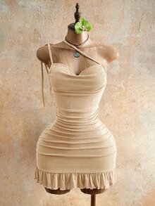 Mistrie 女士性感抽绳迷你紧身连衣裙，夏季时尚绿色吊带迷你连衣裙，后背系带，适合派对之夜，女士夜店装扮，性感女士 - 杏色 - 查看 6