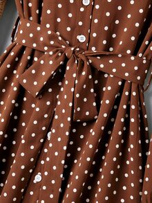 Rusticease 女款波點長袖單排扣襯衫與寬腿褲休閒兩件套 - 棕色 - 查看 4