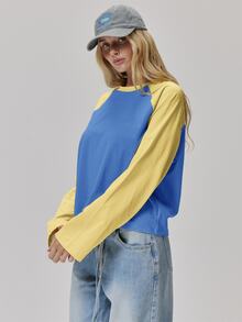 MUSERA Oversized Contrast Colour Long Sleeve Raglan Tee Cute Daily Vintage Y2K Back To School Primary - Blue - View 1