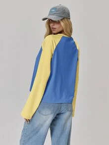 MUSERA Oversized Contrast Colour Long Sleeve Raglan Tee Cute Daily Vintage Y2K Back To School Primary - Blue - View 5