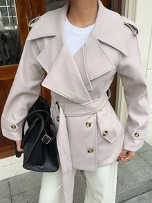 SHEIN EZwear Autumn/ Beige Woven Double-Breasted Belted Trench Coat For Women Office Everyday Smart Casual French Business Casual - Apricot - View 3