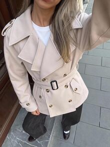 SHEIN EZwear Autumn/ Beige Woven Double-Breasted Belted Trench Coat For Women Office Everyday Smart Casual French Business Casual - Apricot - View 9