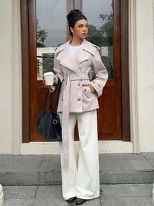 SHEIN EZwear Autumn/ Beige Woven Double-Breasted Belted Trench Coat For Women Office Everyday Smart Casual French Business Casual - Apricot - View 8