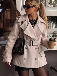 SHEIN EZwear Autumn/ Beige Woven Double-Breasted Belted Trench Coat For Women Office Everyday Smart Casual French Business Casual - Apricot - View 12