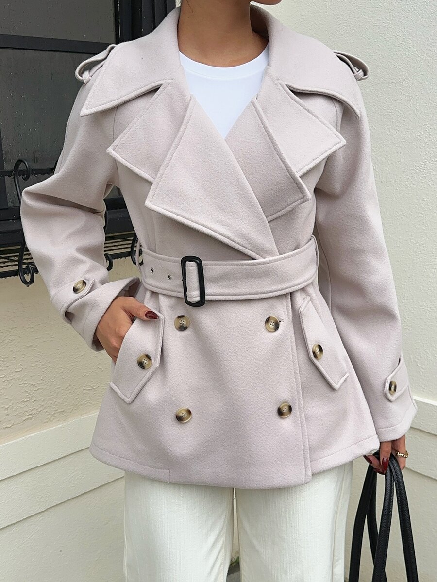 SHEIN EZwear Autumn/ Beige Woven Double-Breasted Belted Trench Coat For Women Office Everyday Smart Casual French Business Casual