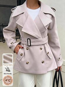 SHEIN EZwear Autumn/ Beige Woven Double-Breasted Belted Trench Coat For Women Office Everyday Smart Casual French Business Casual - Apricot - View 10