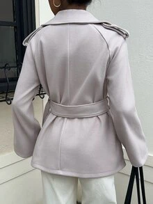 SHEIN EZwear Autumn/ Beige Woven Double-Breasted Belted Trench Coat For Women Office Everyday Smart Casual French Business Casual - Apricot - View 5