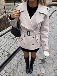 SHEIN EZwear Autumn/ Beige Woven Double-Breasted Belted Trench Coat For Women Office Everyday Smart Casual French Business Casual - Apricot - View 11