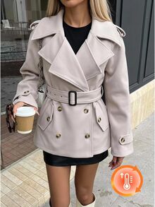 SHEIN EZwear Autumn/ Beige Woven Double-Breasted Belted Trench Coat For Women Office Everyday Smart Casual French Business Casual - Apricot - View 4
