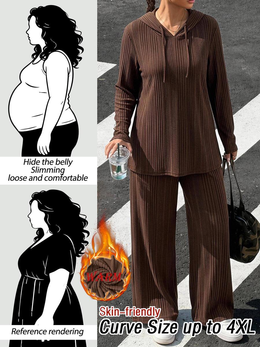 SHEIN LUNE 大尺碼秋冬休閒純色連帽衫與長褲兩件套