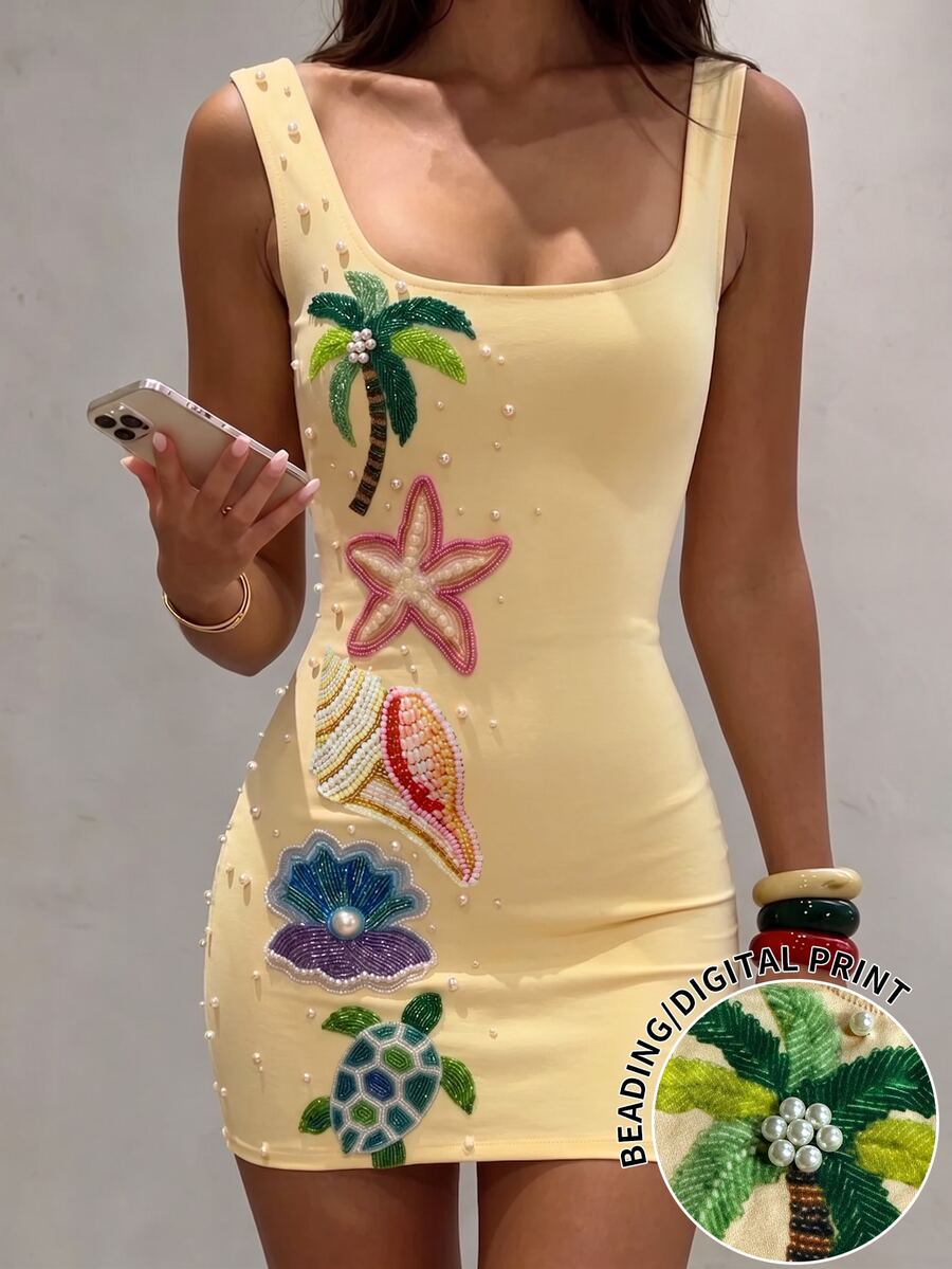 Sundraya Women's Faux Pearl Starfish Decor Square Neck Sleeveless Fitted Mini Dress - Multicolor - View 1