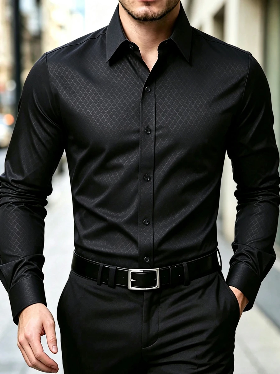 Manfinity Mode Men's Plaid Single-Breasted Casual Commute Long Sleeve Shirt, Formal, Old Money - Black - View 1