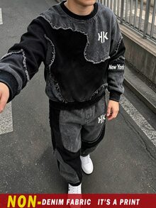 2件組青少年男孩時尚簡約舒適圓領運動衫與運動長褲套裝，酷炫幾何拼接滿版印花設計，英文字母圖案，適合假期派對聚會休閒舒適，男孩春夏秋冬首選，休閒穿著返校派對街頭風穿搭 - 黑色 - 查看 1