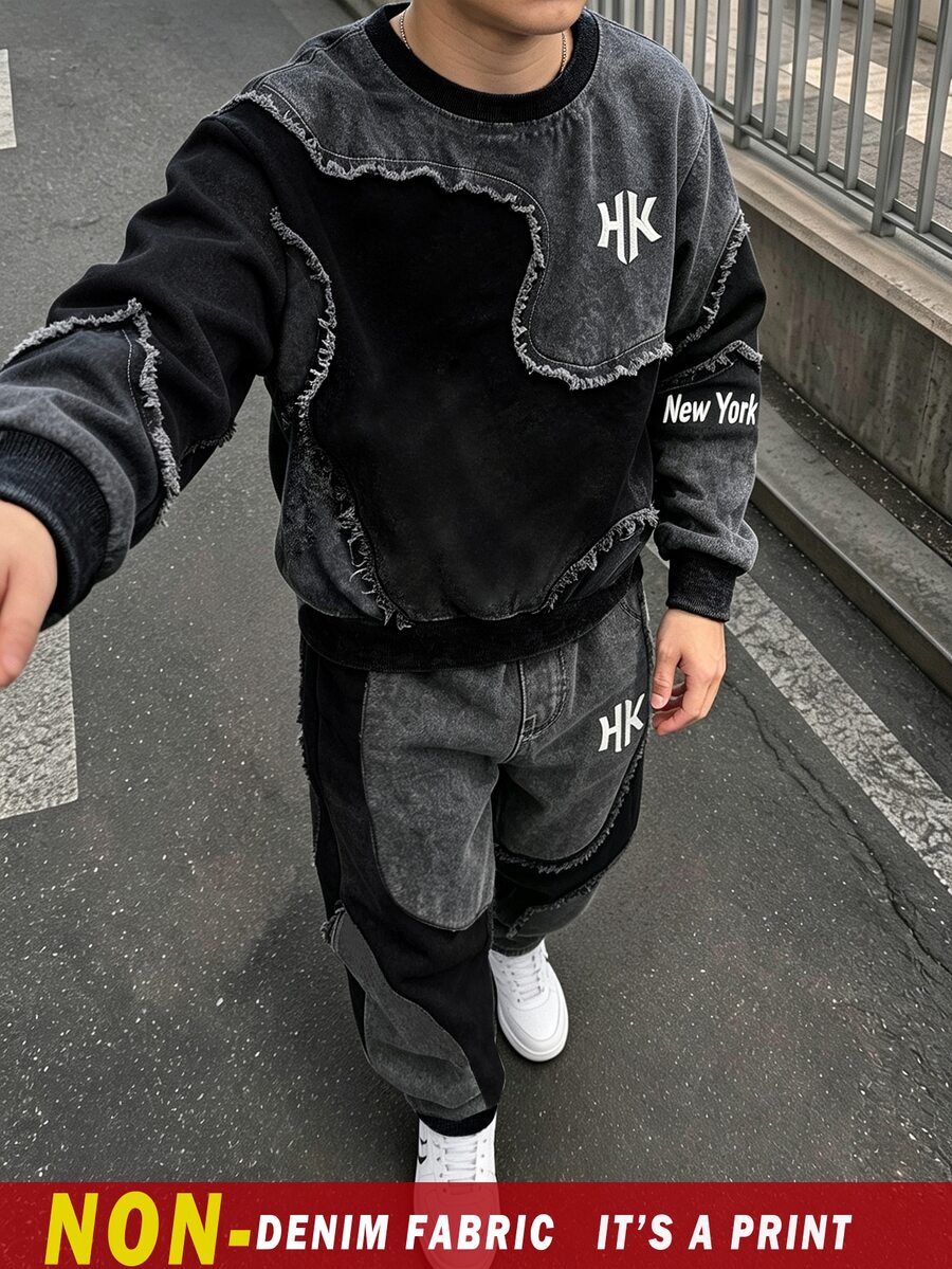 2件組青少年男孩時尚簡約舒適圓領運動衫與運動長褲套裝,酷炫幾何拼接滿版印花設計,英文字母圖案,適合假期派對聚會休閒舒適,男孩春夏秋冬首選,休閒穿著返校派對街頭風穿搭 - 黑色 - 查看 1