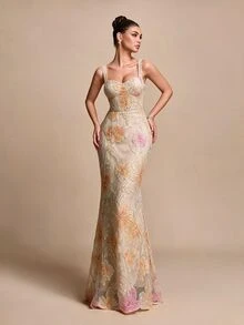 Glamine Floral Sequin Mesh Elegant Evening Dress - Apricot - View 9