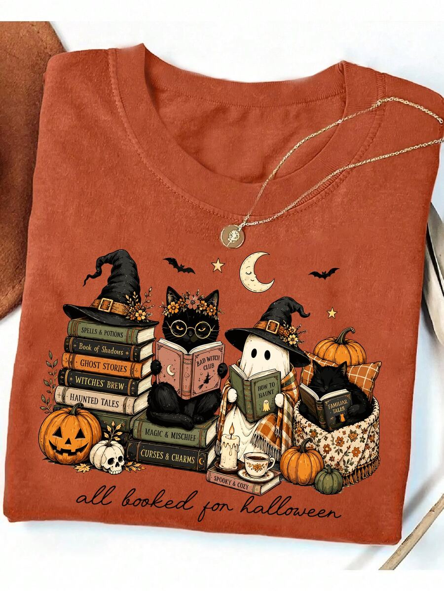 INAWLY Kaos Wanita Motif Kartun dan Burung Hantu Lucu, Gaya Kasual Lucu Vintage, Hadiah Halloween, Warna Oranye Karat Musim Panas Meriah - Jeruk - View 1