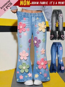 2件裝少女蝴蝶結長褲，Y2K風格，春季新款，返校穿搭，校園牛仔風牛仔印花紫色彩虹 - 白色 - 查看 1