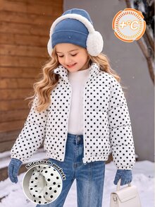 Elladie kids 女童冬季外套 黑白波點絎縫單針縫線立領前開拉鍊長袖短版加厚抓絨夾克附口袋 - 白色 - 查看 7