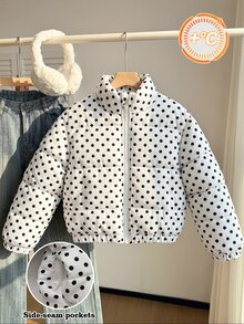 Elladie kids 女童冬季外套 黑白波點絎縫單針縫線立領前開拉鍊長袖短版加厚抓絨夾克附口袋 - 白色 - 查看 4