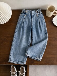 SHEIN YOUNG GIRL 休閒百搭日常寬褲牛仔褲，前鈕扣設計、鬆緊腰、原色下擺，開學季秋季穿搭 - 中等水洗藍 - 查看 2
