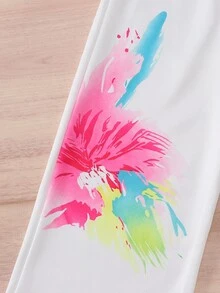 Celana Panjang Lebar Bermotif untuk Anak Perempuan, Warna Dasar Ungu dengan Motif Bunga Cat Air Cerah di Sisi-Sisi, Blok Warna, Gaya Liburan yang Enerjik, Musim Dingin Korea - Putih - View 5