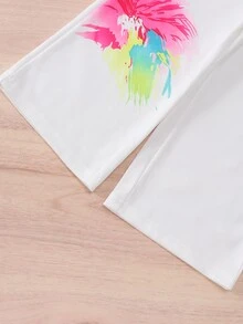 Celana Panjang Lebar Bermotif untuk Anak Perempuan, Warna Dasar Ungu dengan Motif Bunga Cat Air Cerah di Sisi-Sisi, Blok Warna, Gaya Liburan yang Enerjik, Musim Dingin Korea - Putih - View 6