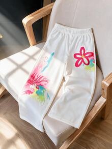 Celana Panjang Lebar Bermotif untuk Anak Perempuan, Warna Dasar Ungu dengan Motif Bunga Cat Air Cerah di Sisi-Sisi, Blok Warna, Gaya Liburan yang Enerjik, Musim Dingin Korea - Putih - View 9