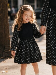 SHEIN Elladie kids 女童復古牛仔仙女花童公主兩件式無袖洋裝，黑色底白色波點，7歲生日洗禮婚禮秋冬款 - 黑與白 - 查看 1