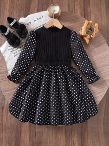 SHEIN Elladie kids 女童復古牛仔仙女花童公主兩件式無袖洋裝，黑色底白色波點，7歲生日洗禮婚禮秋冬款 - 黑與白 - 查看 10