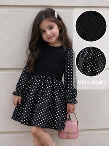 SHEIN Elladie kids 女童復古牛仔仙女花童公主兩件式無袖洋裝，黑色底白色波點，7歲生日洗禮婚禮秋冬款 - 黑與白 - 查看 2