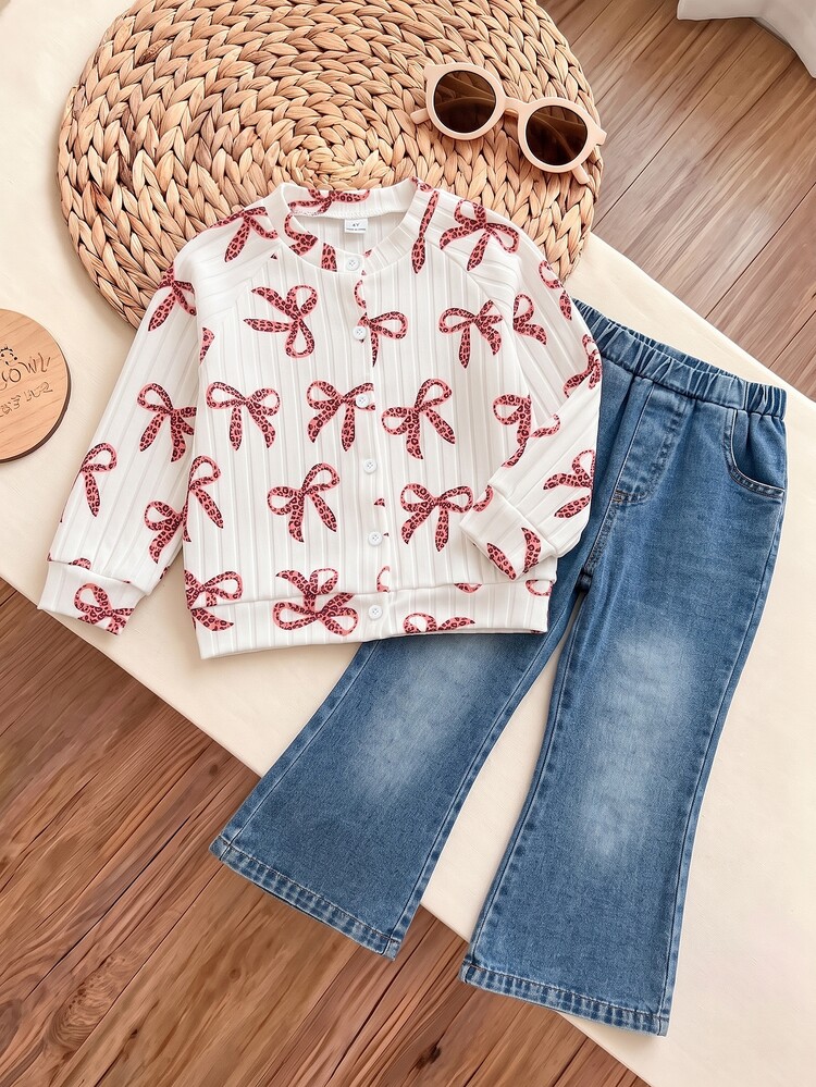Genkimix Kids Young Girls Lovely Bow FullPrint Rib Knit Cardigan & Denim Flare Pants 2 Pieces Casual Daily Outfit For Little Girls - White - View 4