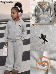 女童學院風馬刺繡長袖抓絨內裡連帽拉鍊運動外套夾克，附口袋，適合日常上學與戶外，秋冬款 - 灰色 - 查看 5