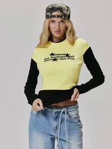 MUSERA Yellow Contrast Graphic Detail Long Sleeve Top Fall Autumn Winter Coolgirl Style Casual - Multicolor - View 2