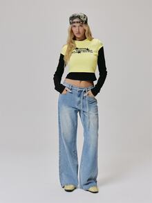 MUSERA Yellow Contrast Graphic Detail Long Sleeve Top Fall Autumn Winter Coolgirl Style Casual - Multicolor - View 3