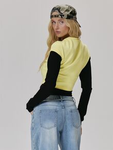 MUSERA Yellow Contrast Graphic Detail Long Sleeve Top Fall Autumn Winter Coolgirl Style Casual - Multicolor - View 5