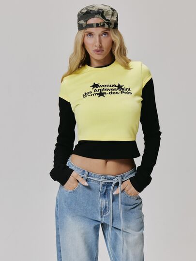 MUSERA Yellow Contrast Graphic Detail Long Sleeve Top Fall Autumn Winter Coolgirl Style Casual