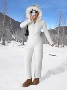 SHEIN PETITE Women's Winter Hooded Warm Jumpsuit - White - View 9