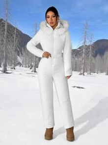 SHEIN PETITE Women's Winter Hooded Warm Jumpsuit - White - View 11