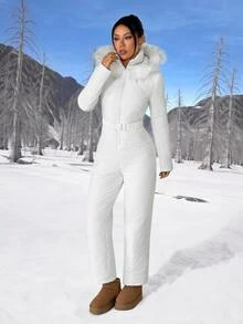 SHEIN PETITE Women's Winter Hooded Warm Jumpsuit - White - View 10